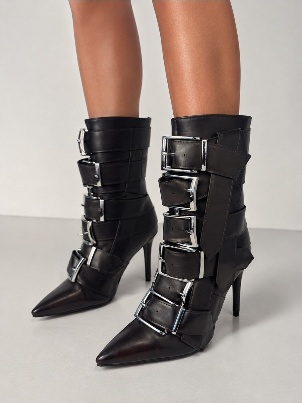 Alcetas Chocolate Brown Buckle Strap Pointed Toe Stiletto Ankle Boots NIB